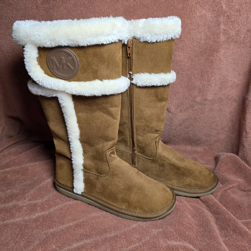 Michael Kors Womens Brown Faux Fur Trim Tall Winter Boots Cognac Suede Zip Up